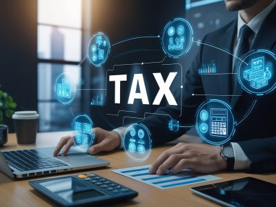 Businessman working on laptop with a tax icon and related business icons around him.